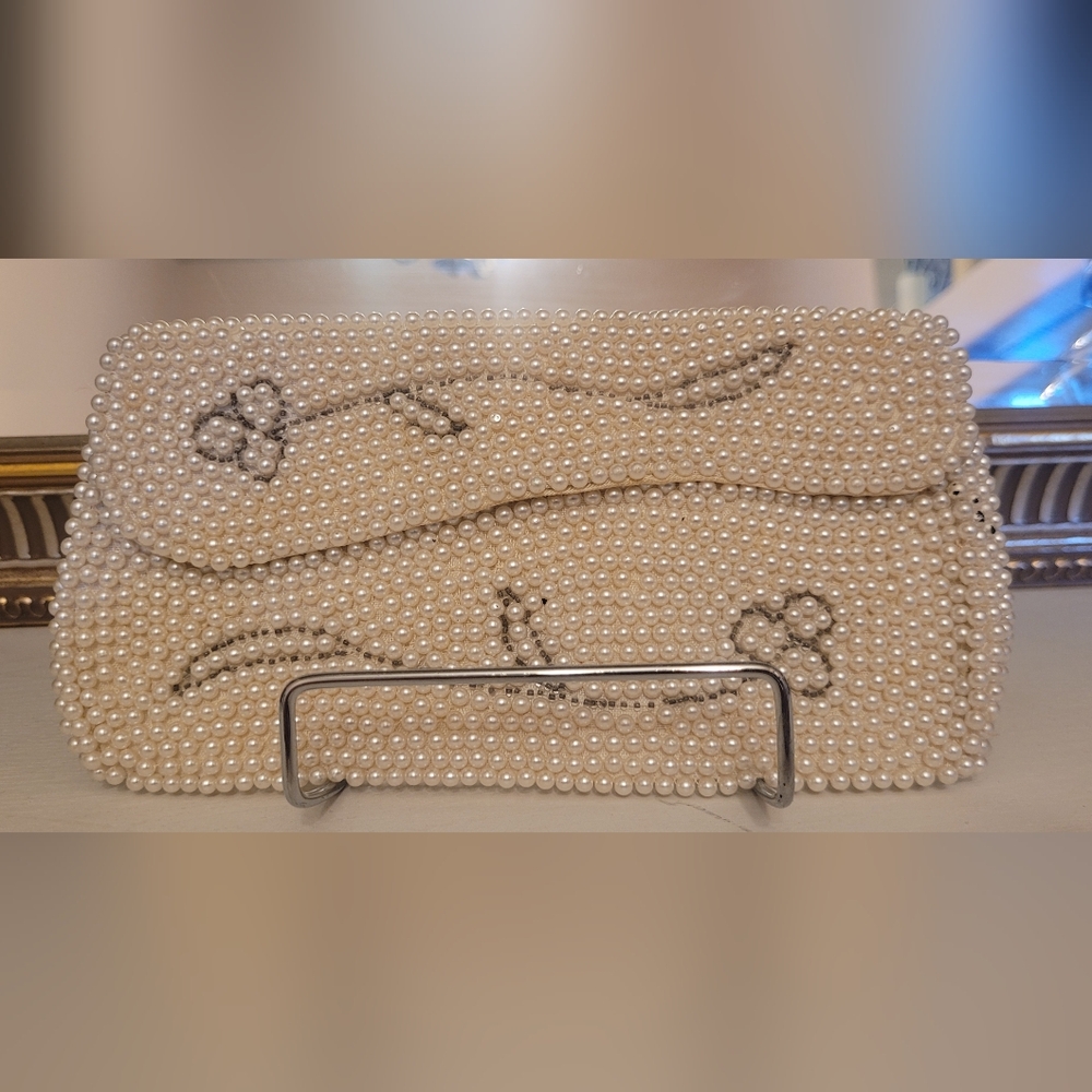 Vintage Elegant Faux Pearl Embellished Clutch, 1960's Clutch